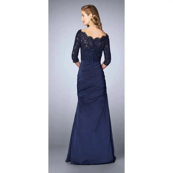 NEW La Femme 24926 Lace and Jersey Trumpet Gown Dress Navy Size 6 - Picture 5 of 13